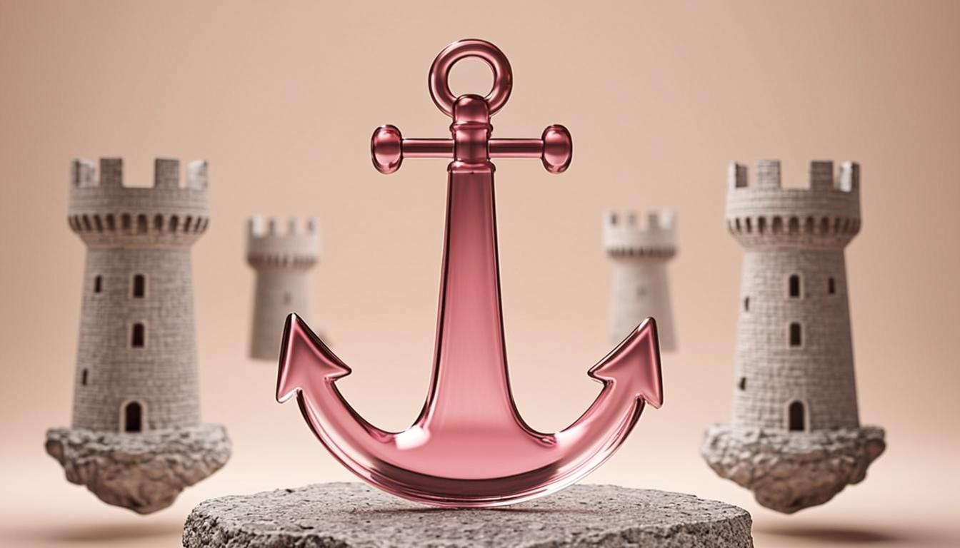 Sculpture abstraite d'une ancre en verre rose sur un socle de pierre, entourée de petits remparts flottants