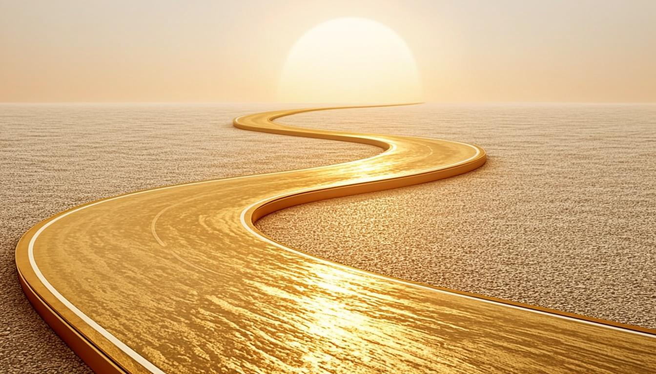 Route dorée en 3D serpentant vers un horizon lumineux, jalonnée de drapeaux