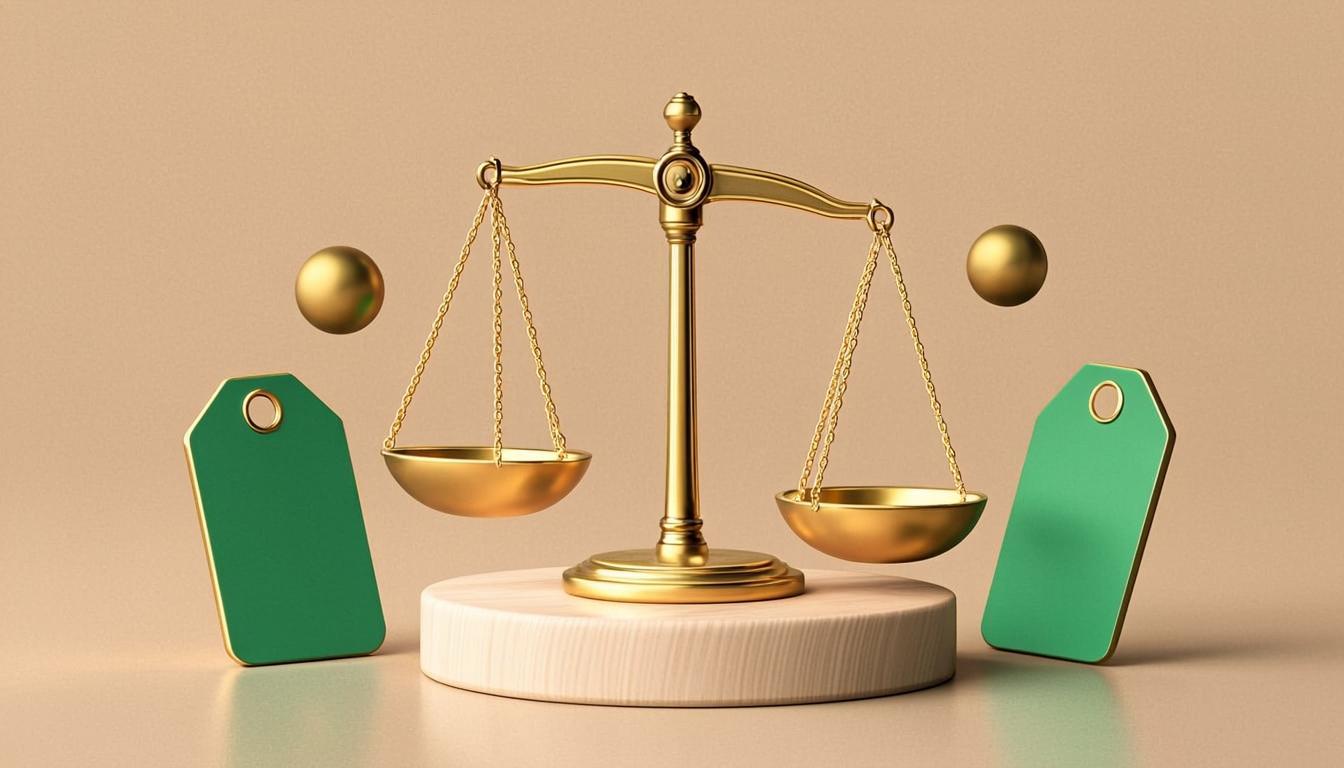 Étiquettes de prix et balance dorée en apesanteur — la tarification Risien